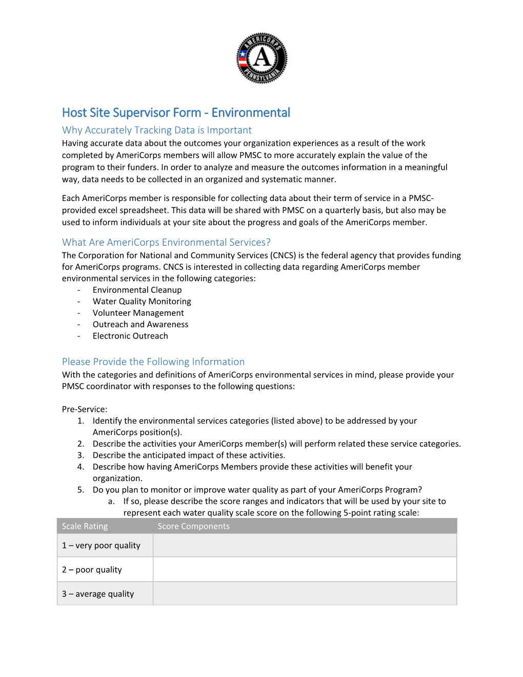 Host Site Supervisor Form - Environmental