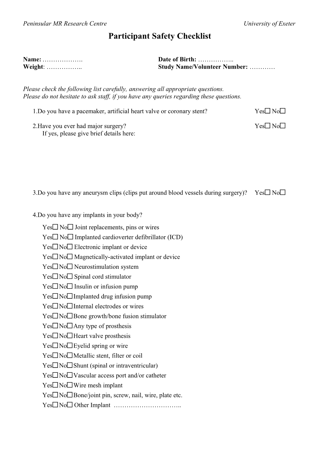 Participant Safety Checklist