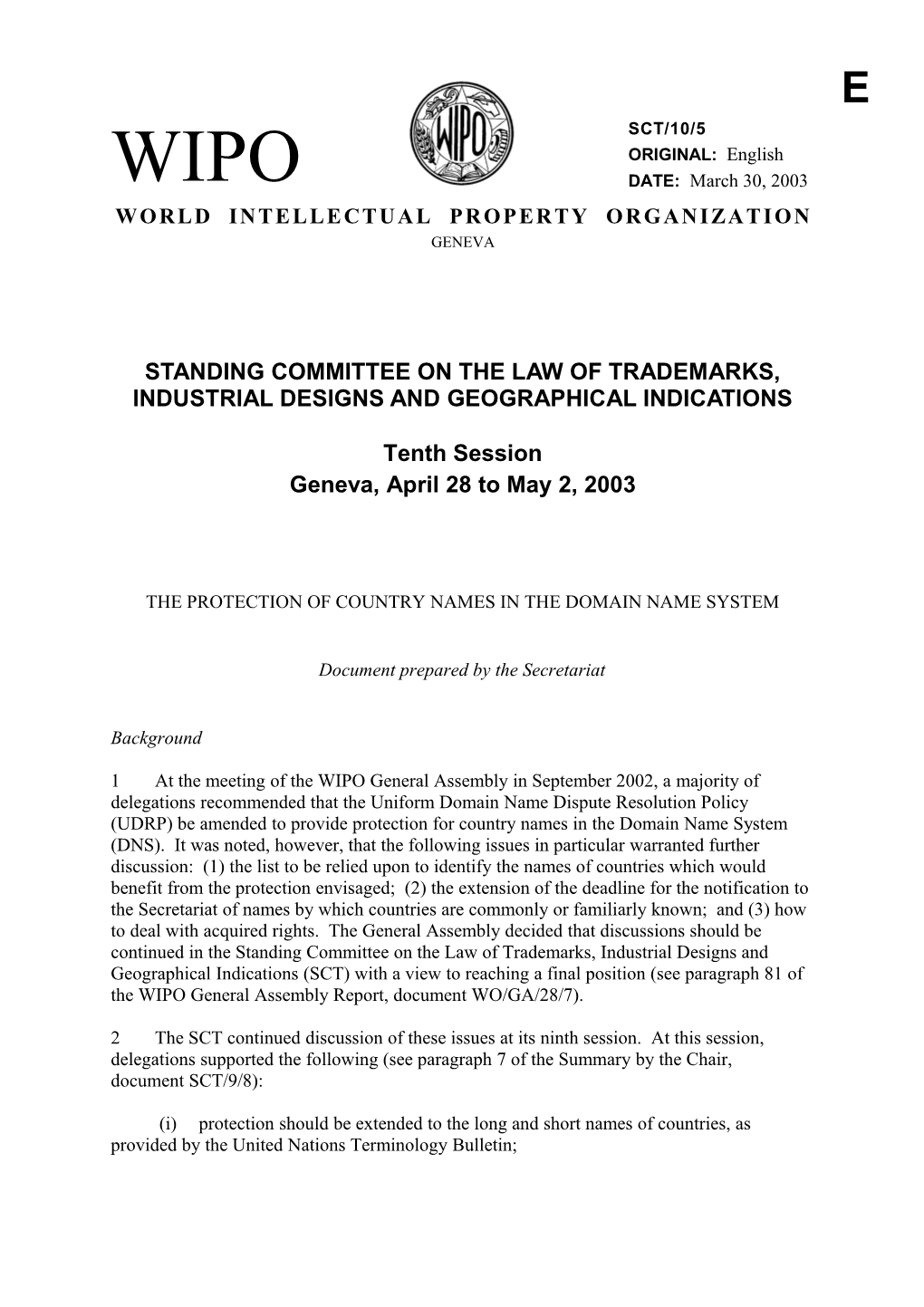 SCT/10/5: the Protection of Country Names in the Domain Name System