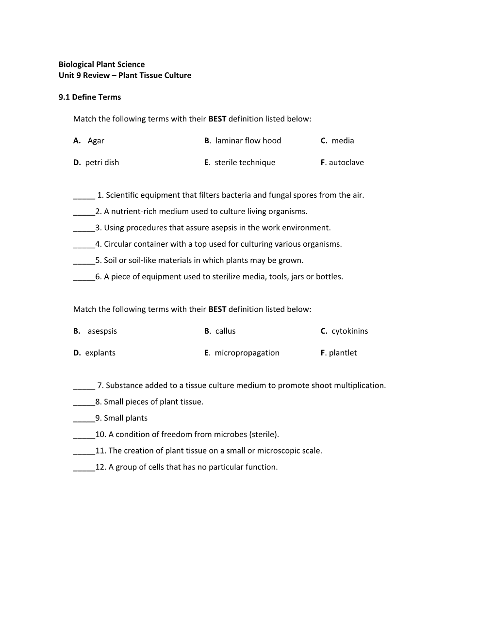 Unit 9 Review Plant Tissue Culture