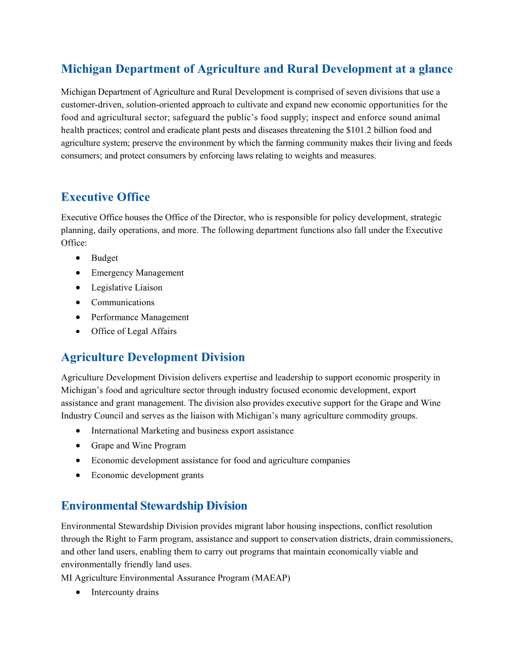 Michigan Department of Agriculture and Rural Development at a Glance