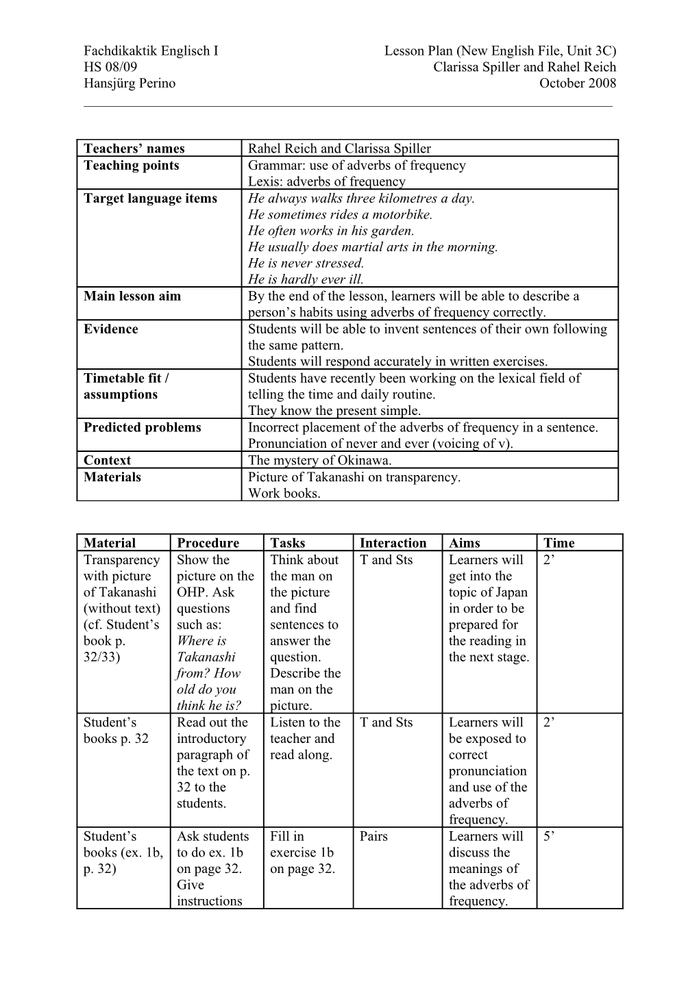 Fachdikaktik Englisch Ilesson Plan (New English File, Unit 3C)