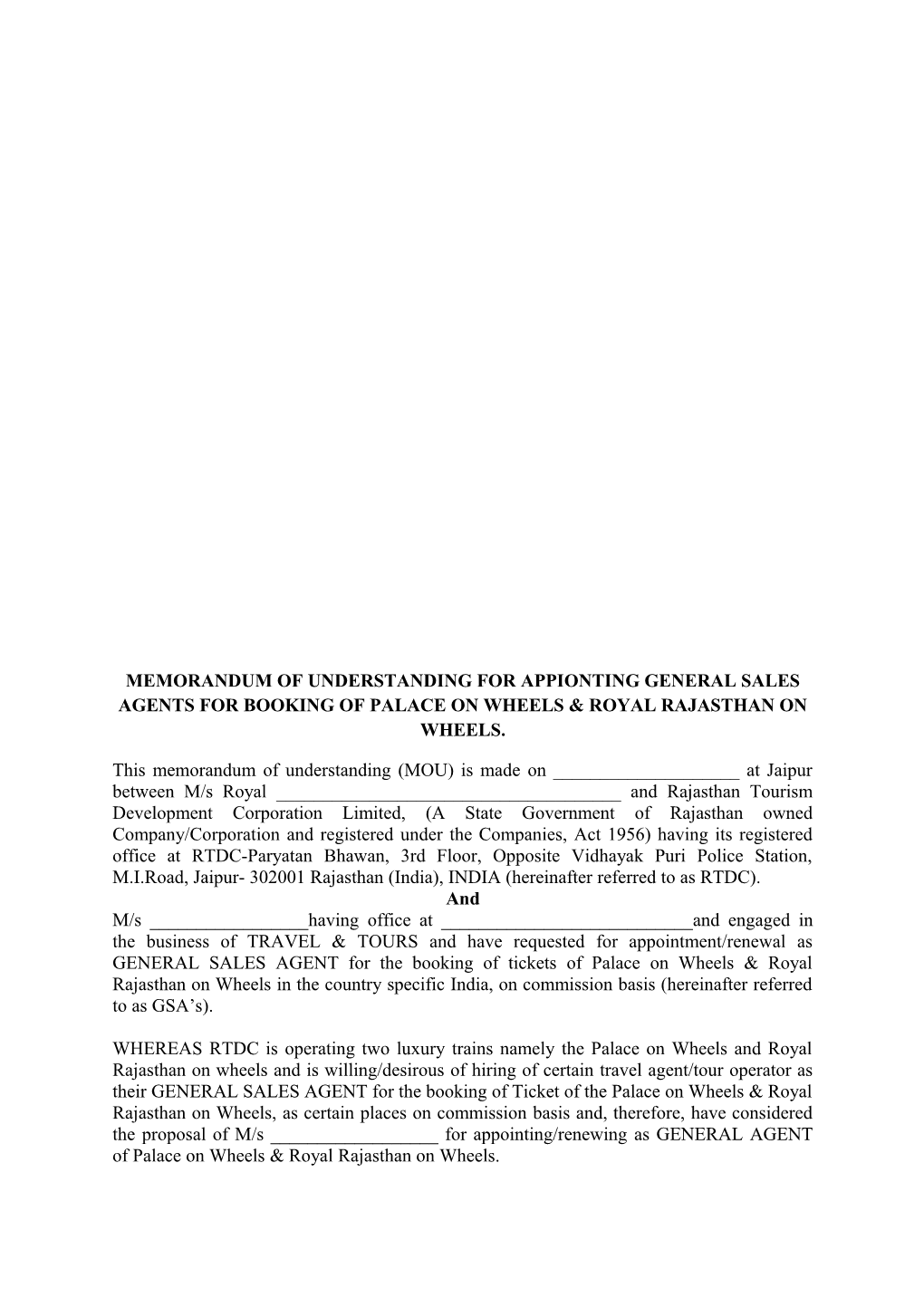 Memorandum of Understanding for Appionting General Sales Agents for Booking of Palace