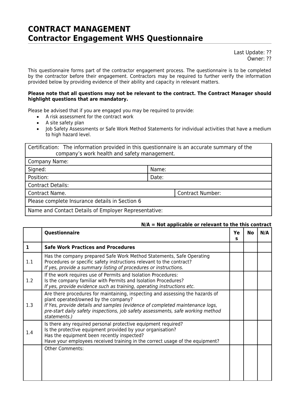 Contractor Engagement WHS Questionnaire