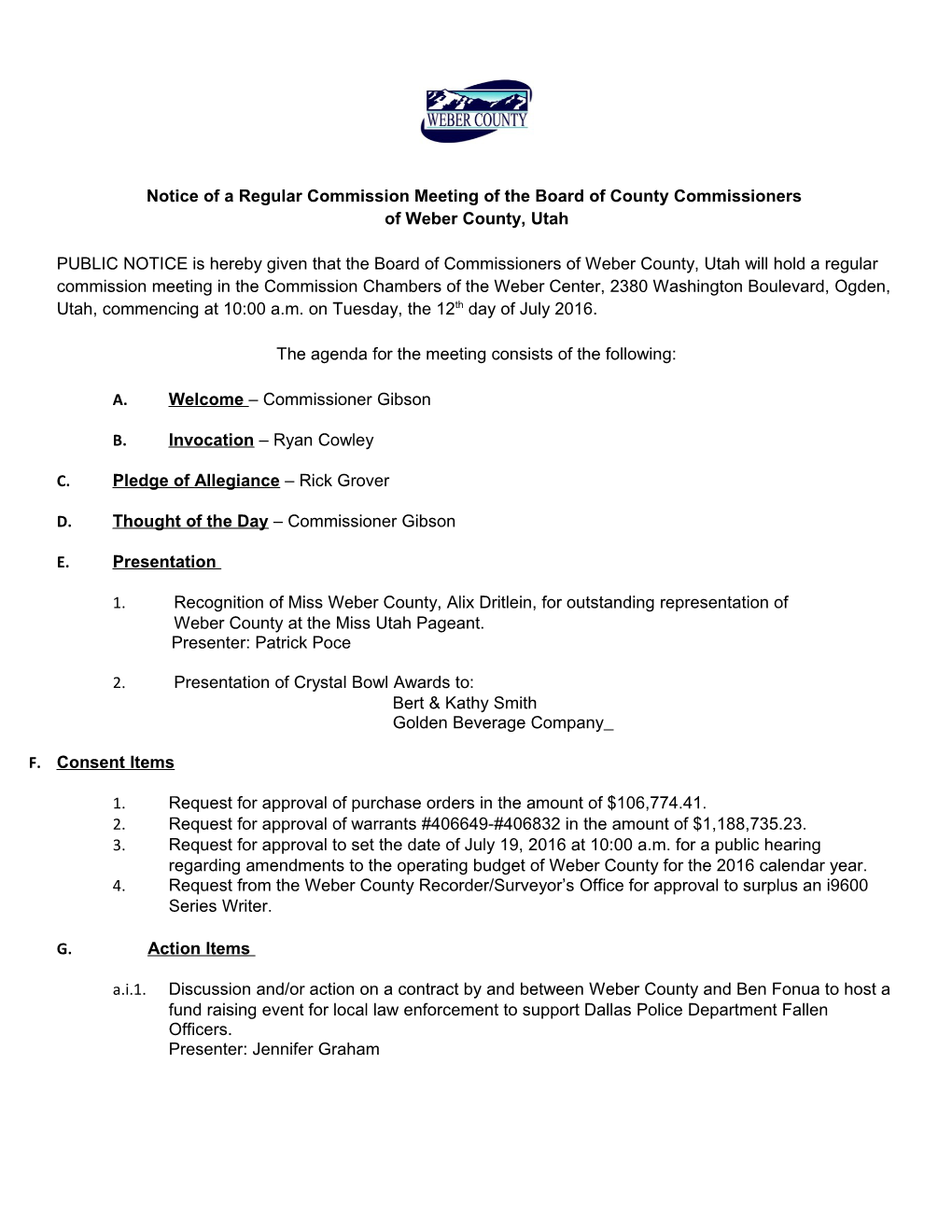 Notice of a Regular Commission Meeting of the Board of County Commissioners