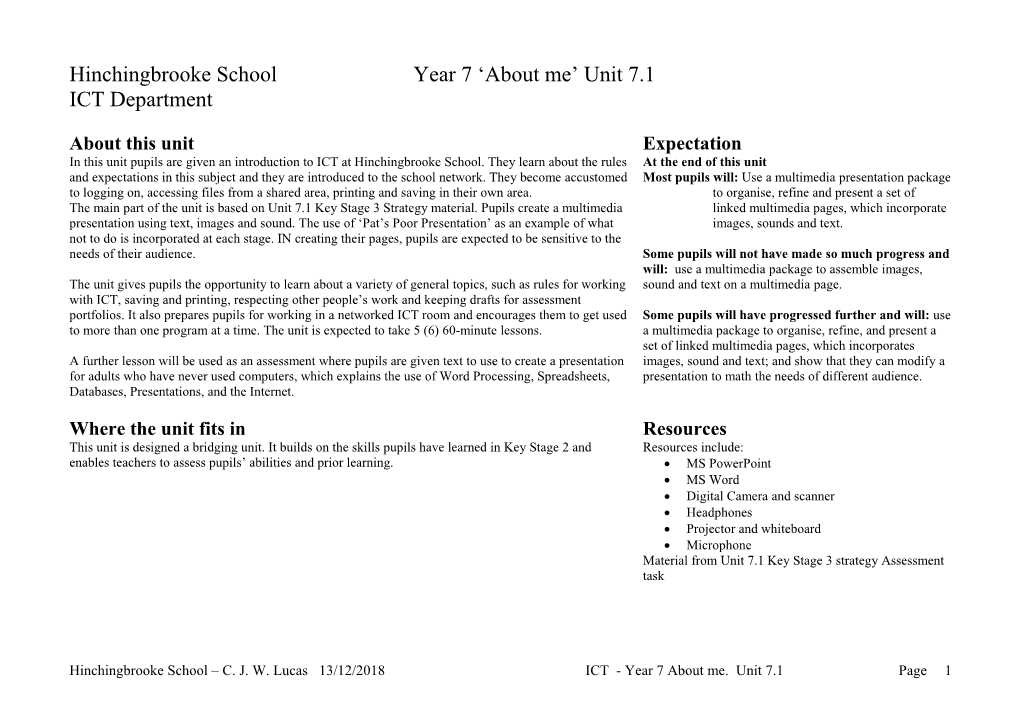 Hinchingbrooke Schoolyear 7 About Me Unit 7.1