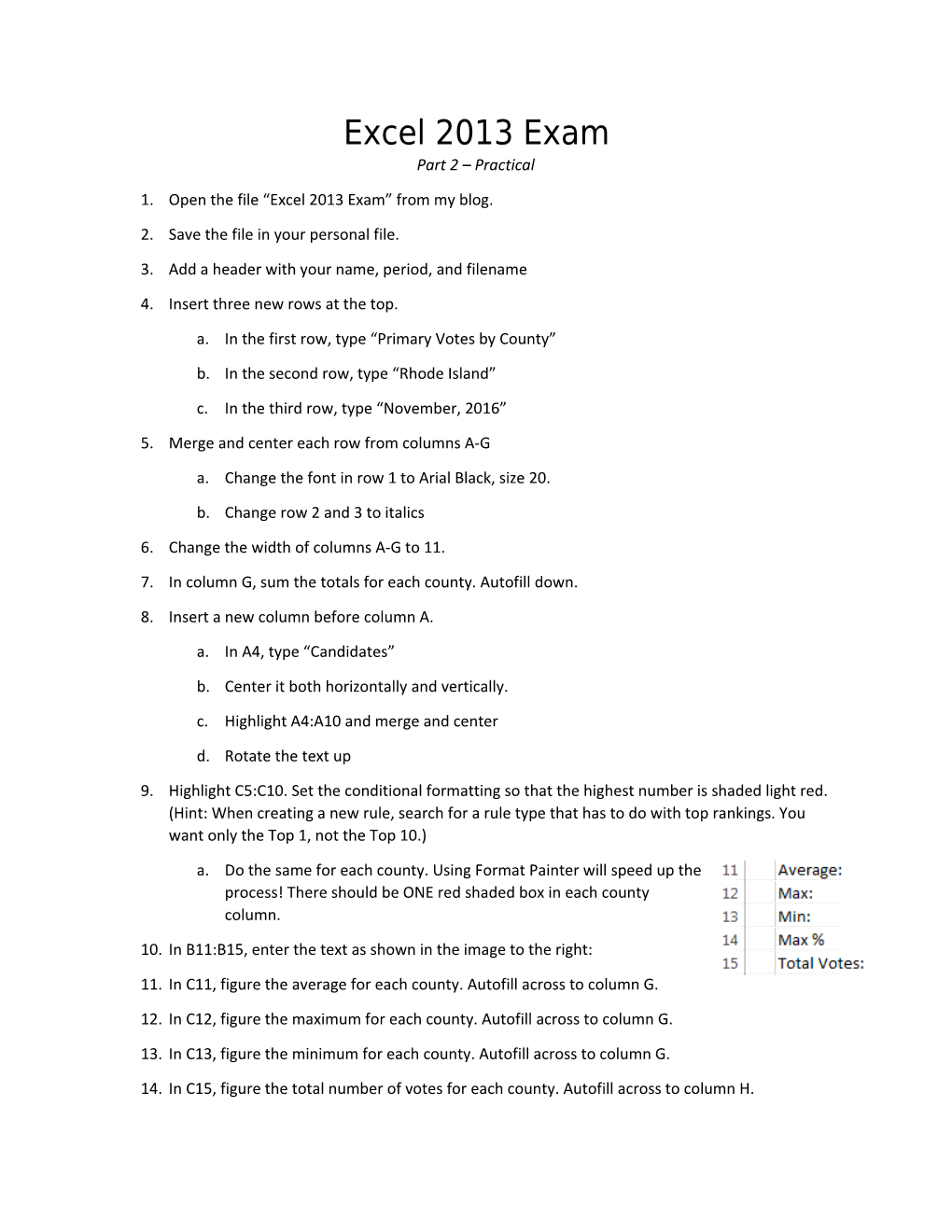 Excel 2013 Exam Part 2 Practical