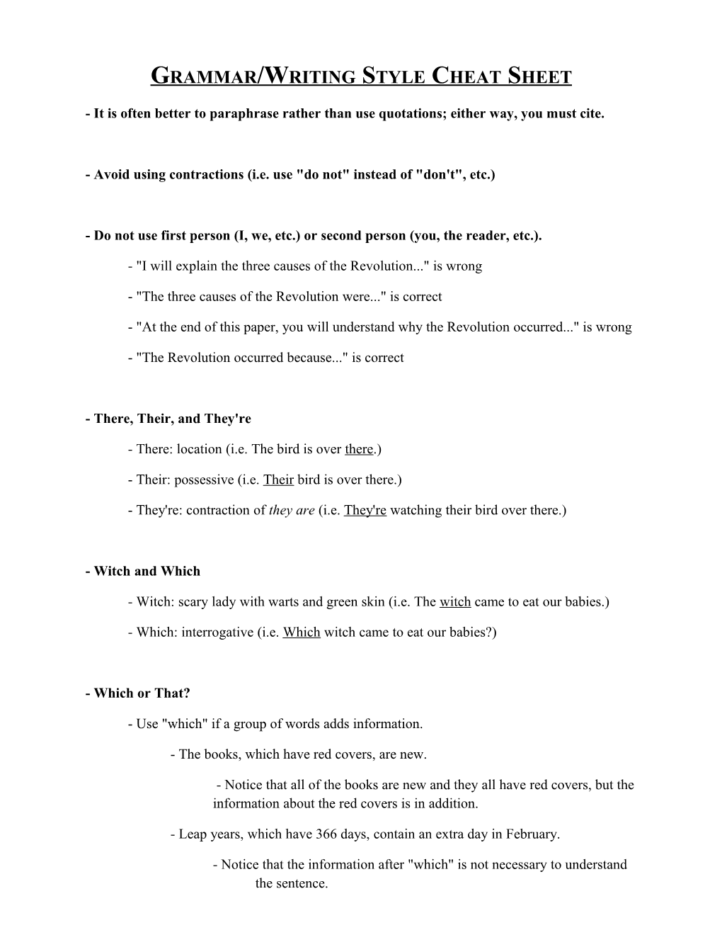 Grammar/Writing Style Cheat Sheet