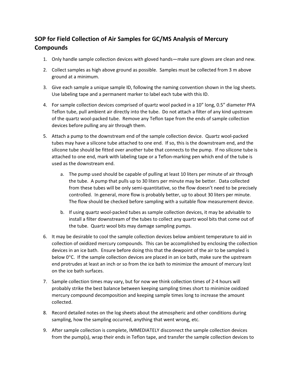 SOP for Field Collection of Air Samples for GC/MS Analysis of Mercury Compounds