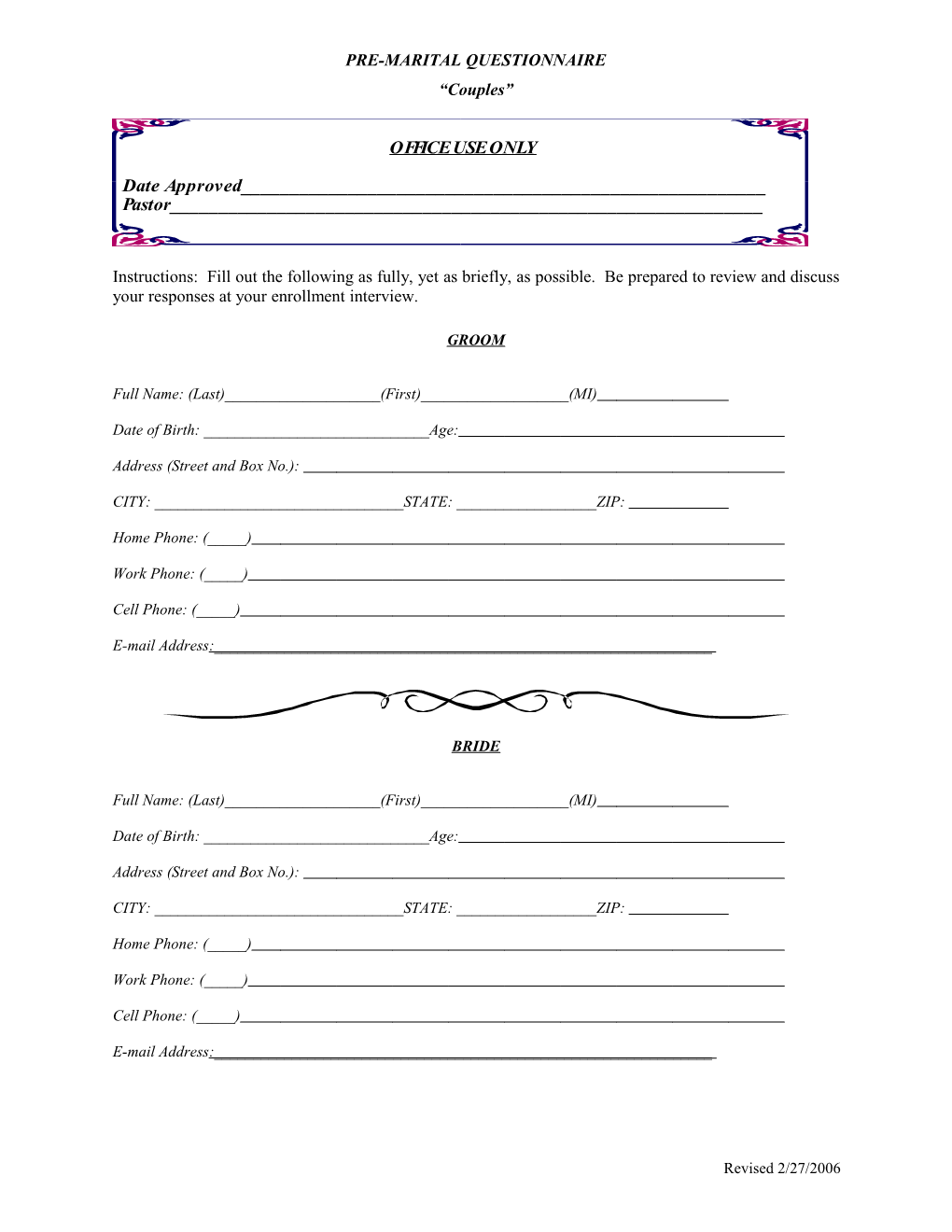 Pre-Marital Questionnaire