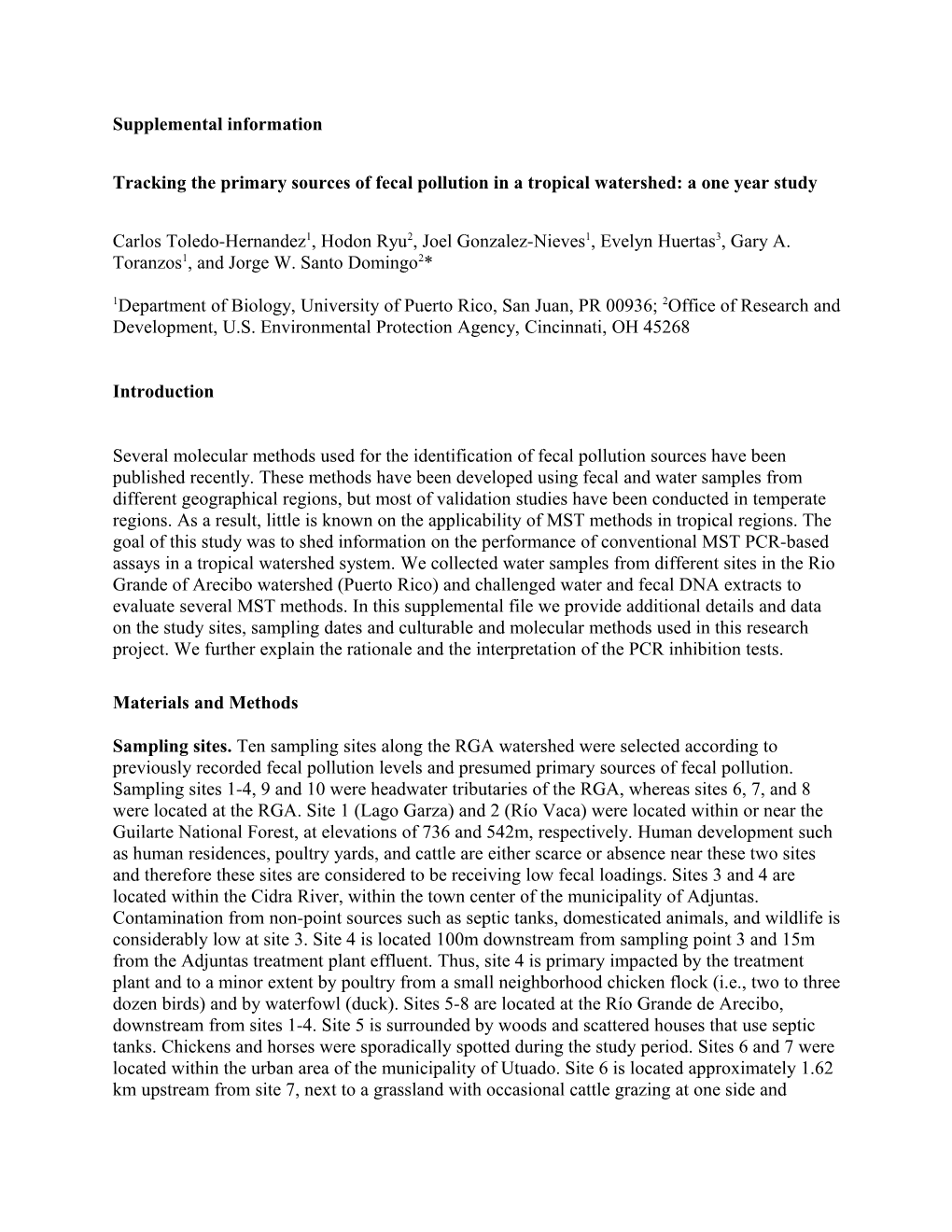 Tracking the Primary Sources of Fecal Pollution in a Tropical Watershed: a One Year Study