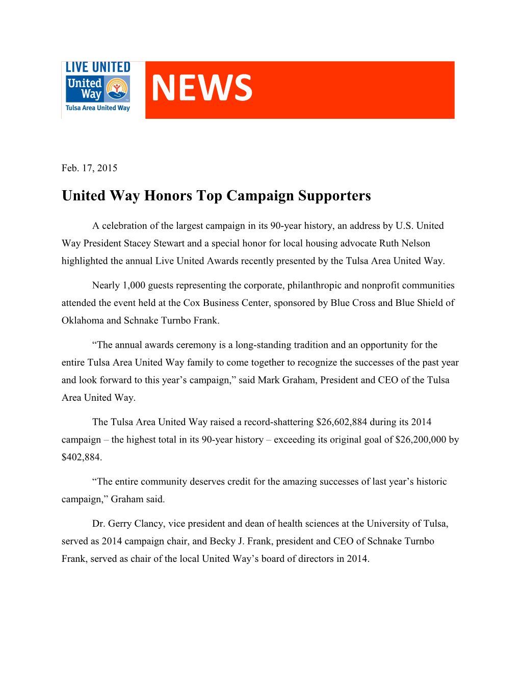 United Way Honors Top Campaign Supporters