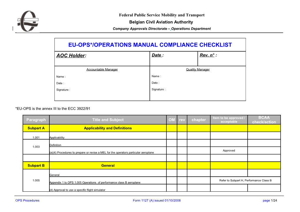 AOC Holder: JAROPS 1EU-OPS/ O.M. COMPLIANCE Checklistdate : Rev. N