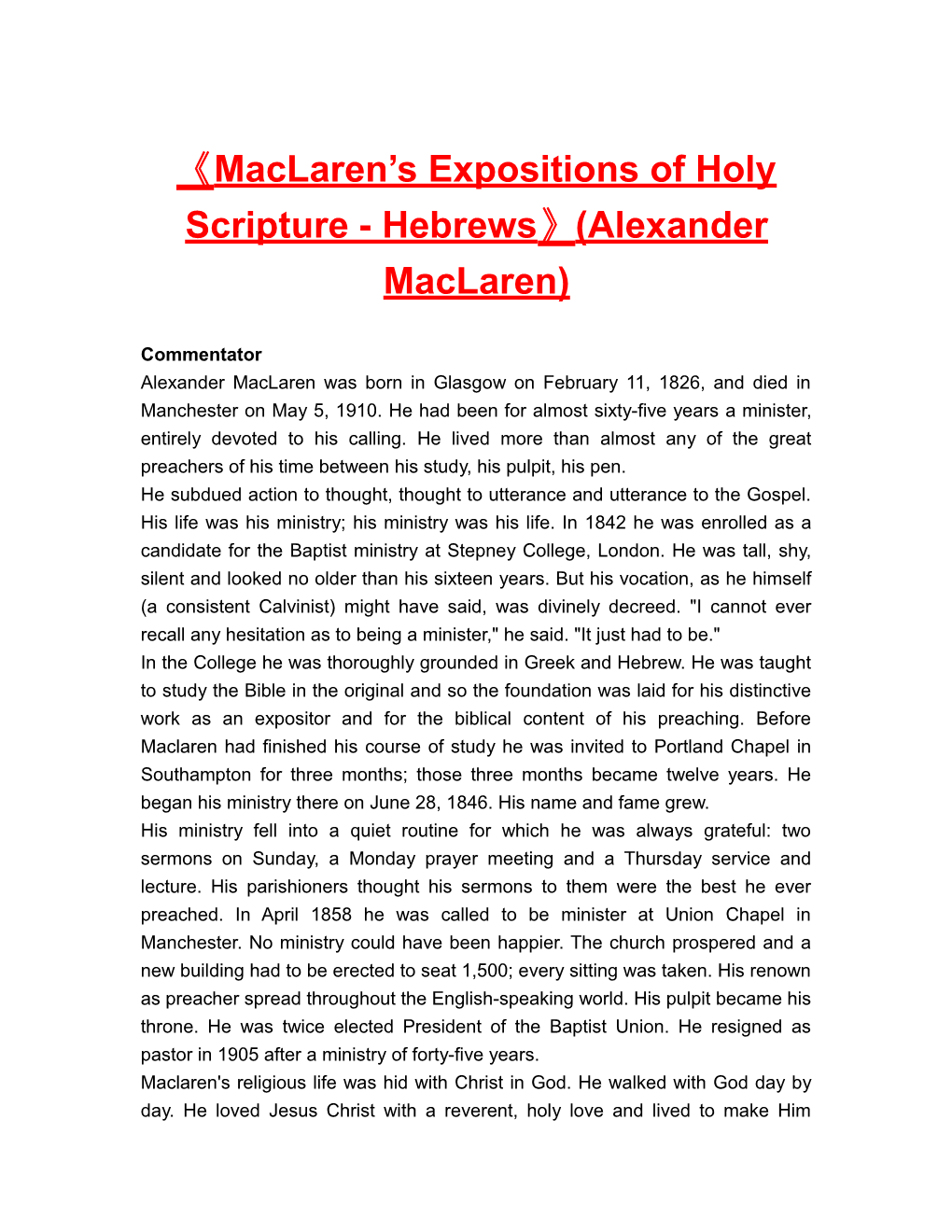 Maclaren S Expositions of Holyscripture-Hebrews (Alexandermaclaren)