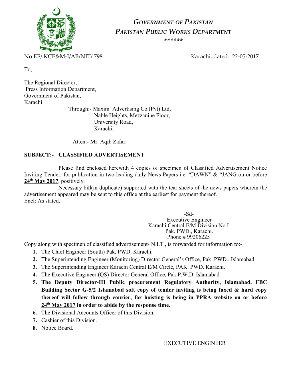 No.EE/ KCE&M-I/AB/NIT/798 Karachi, Dated: 22-05-2017