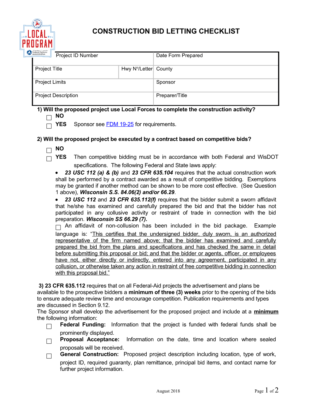 Sponsor's Guide - Construction Bid Letting Checklist