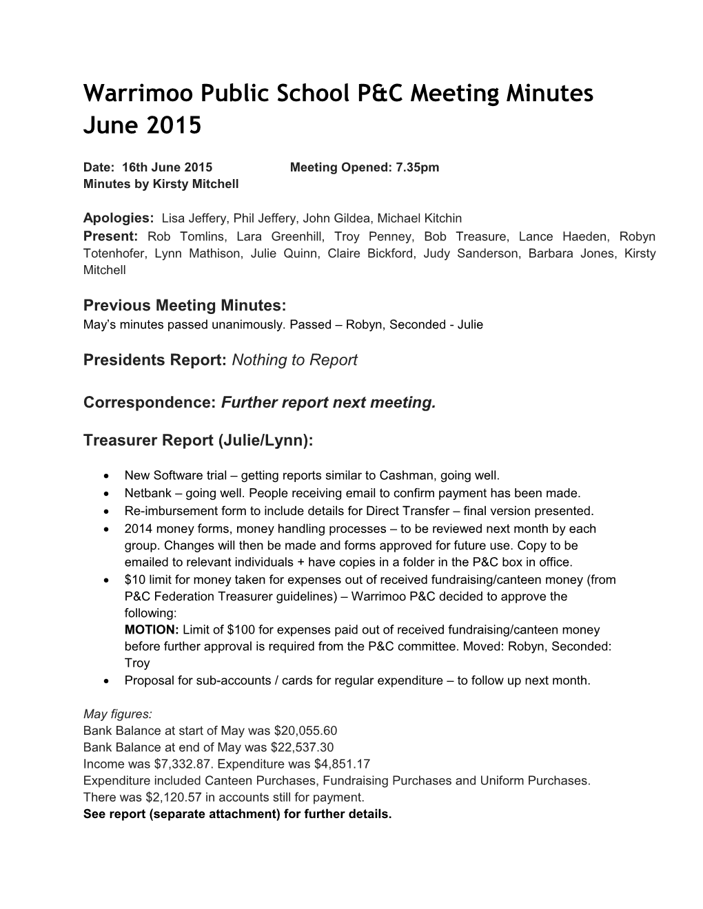 Warrimoo Public School P&Cmeeting Minutes June 2015