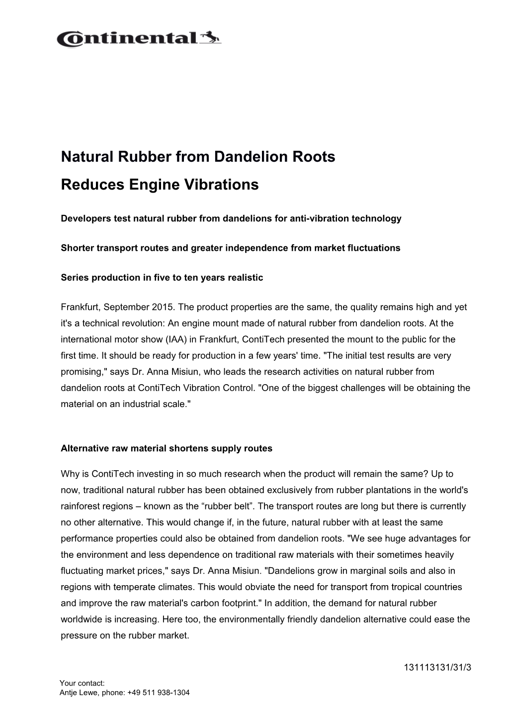 Natural Rubber from Dandelion Roots Reduces Engine Vibrations