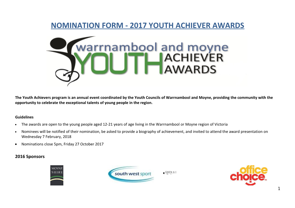 Nomination Form - 2017 Youth Achiever Awards