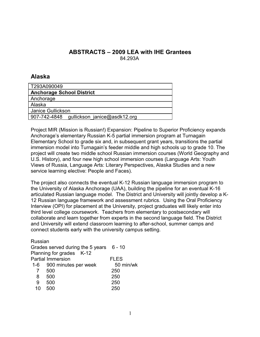 FY 2009 LEA with IHE Grantee Abstracts Foreign Language Assistance Program (MS Word)