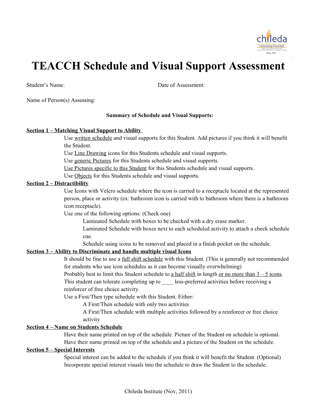 TEACCH Schedule and Visual Support Assessment