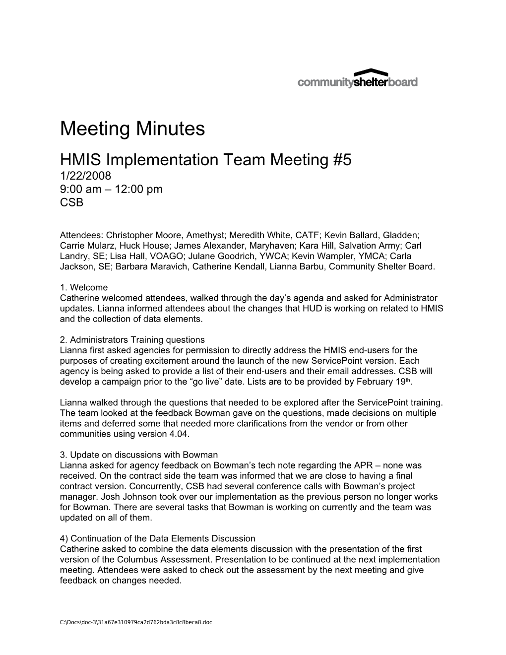 HMIS Implementation Team Meeting #5