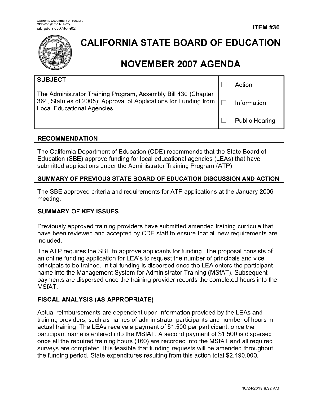 November 2007 Agenda Item 30 - Meeting Agendas (CA State Board of Education)