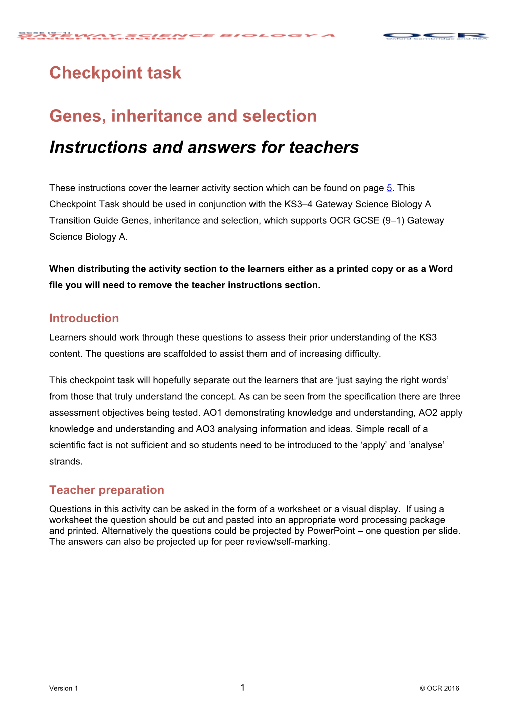 OCR GCSE (9-1) Gateway Science Biology a Checkpoint Task Genes, Inheritance and Selection