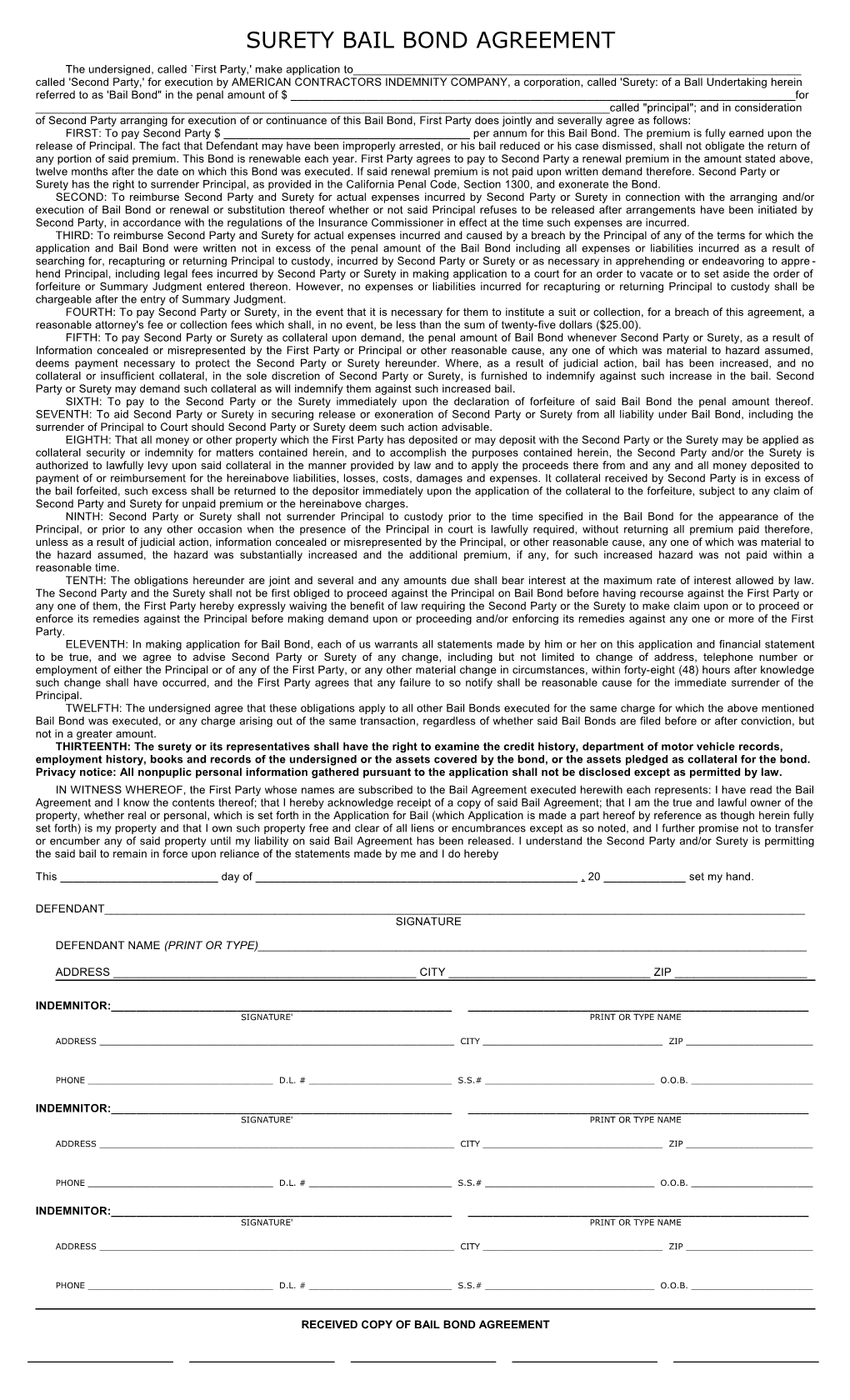 Surety Bail Bond Agreement