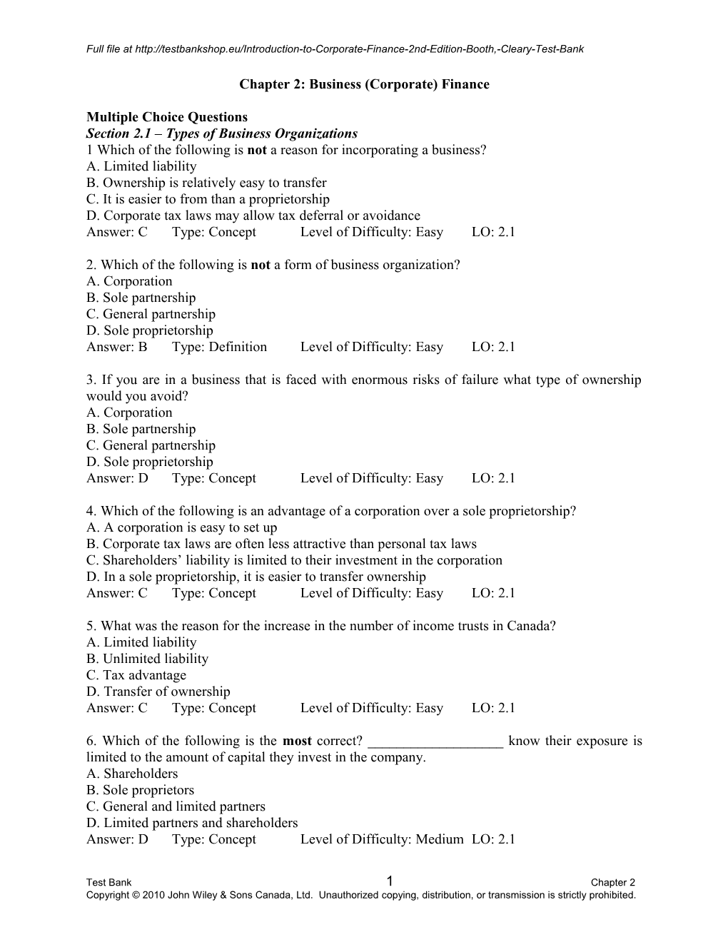 Test Bank Questions for Chapter 15: Mergers and Acquisitions