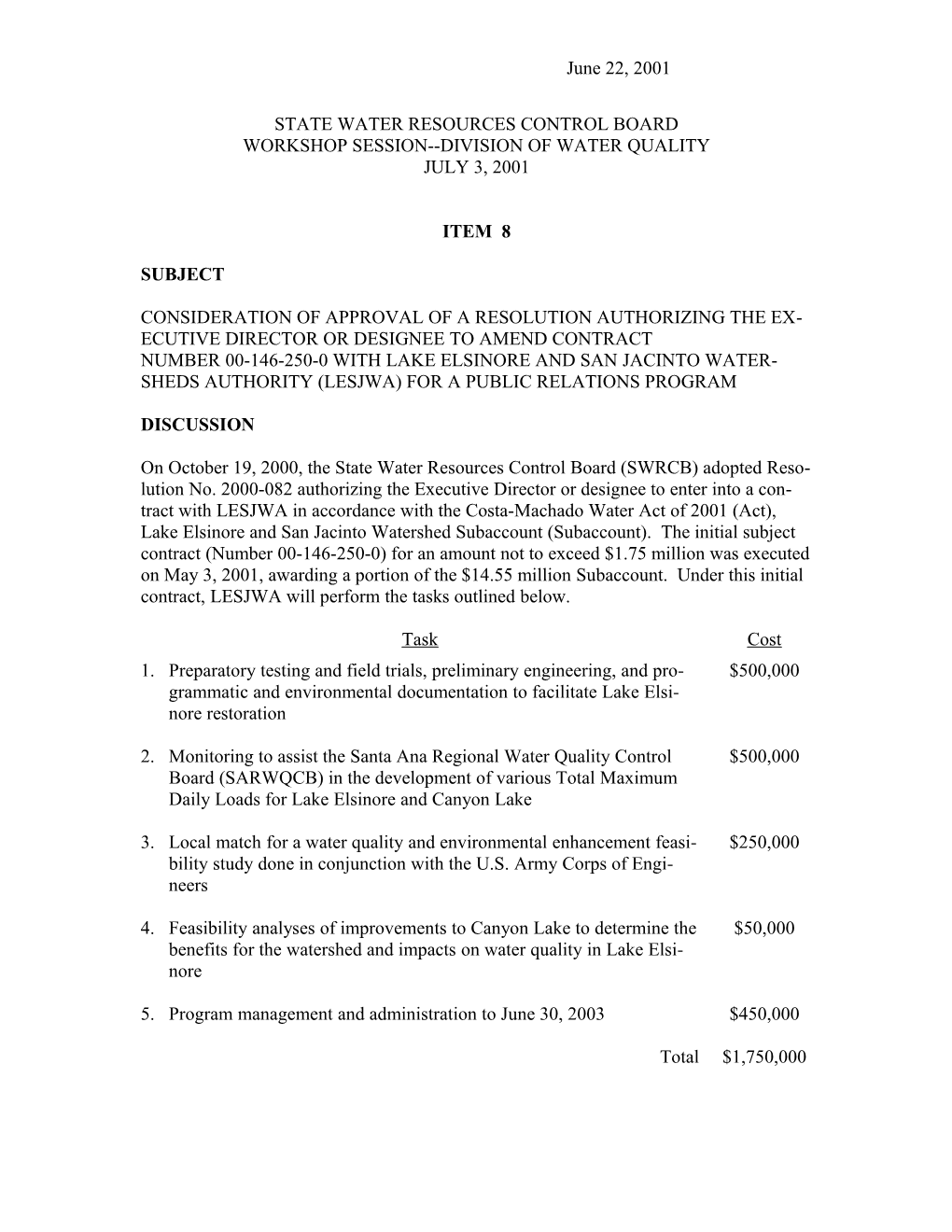 Contract/Lake Elsinore & San Jacinto Watersheds