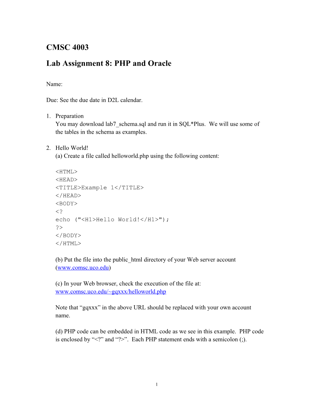 Lab Assignment8: PHP and Oracle