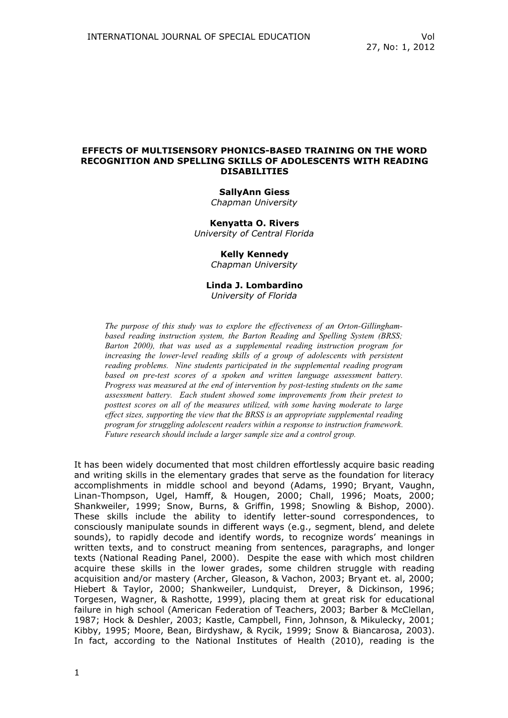 Running Head: EFFECTS of MULTISENSORY PHONICS-BASED TRAINING