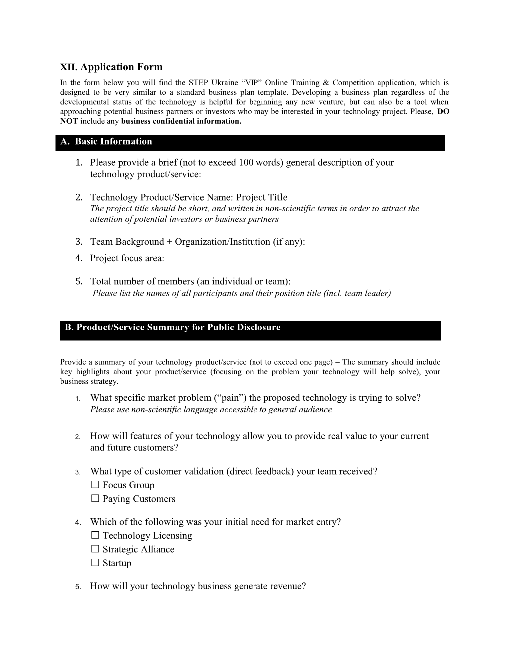 XII. Application Form