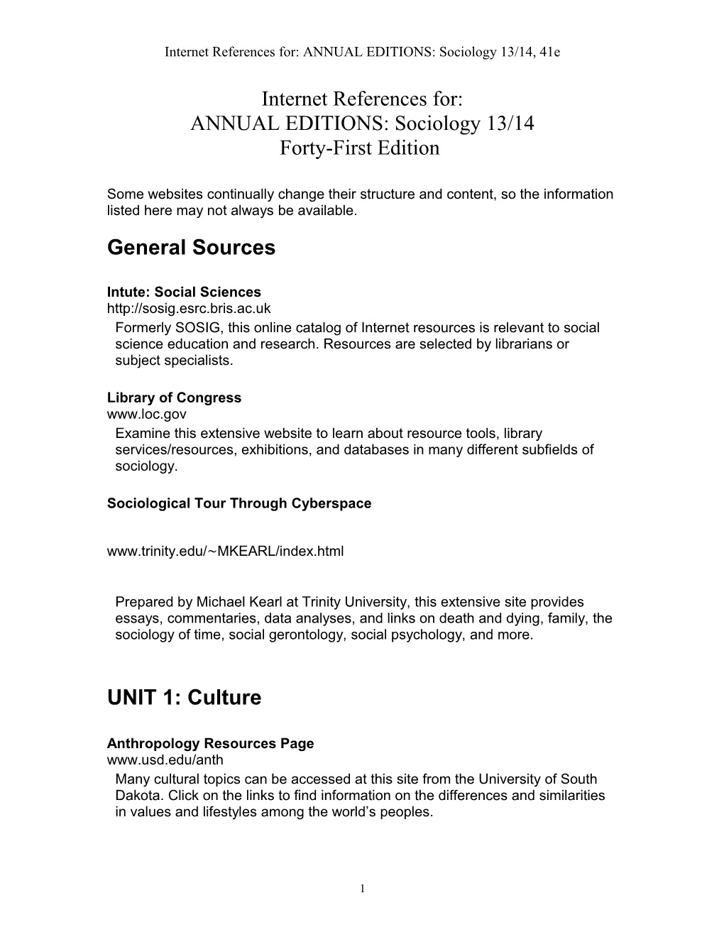 Internet References For:ANNUAL EDITIONS: Sociology 13/14, 41E