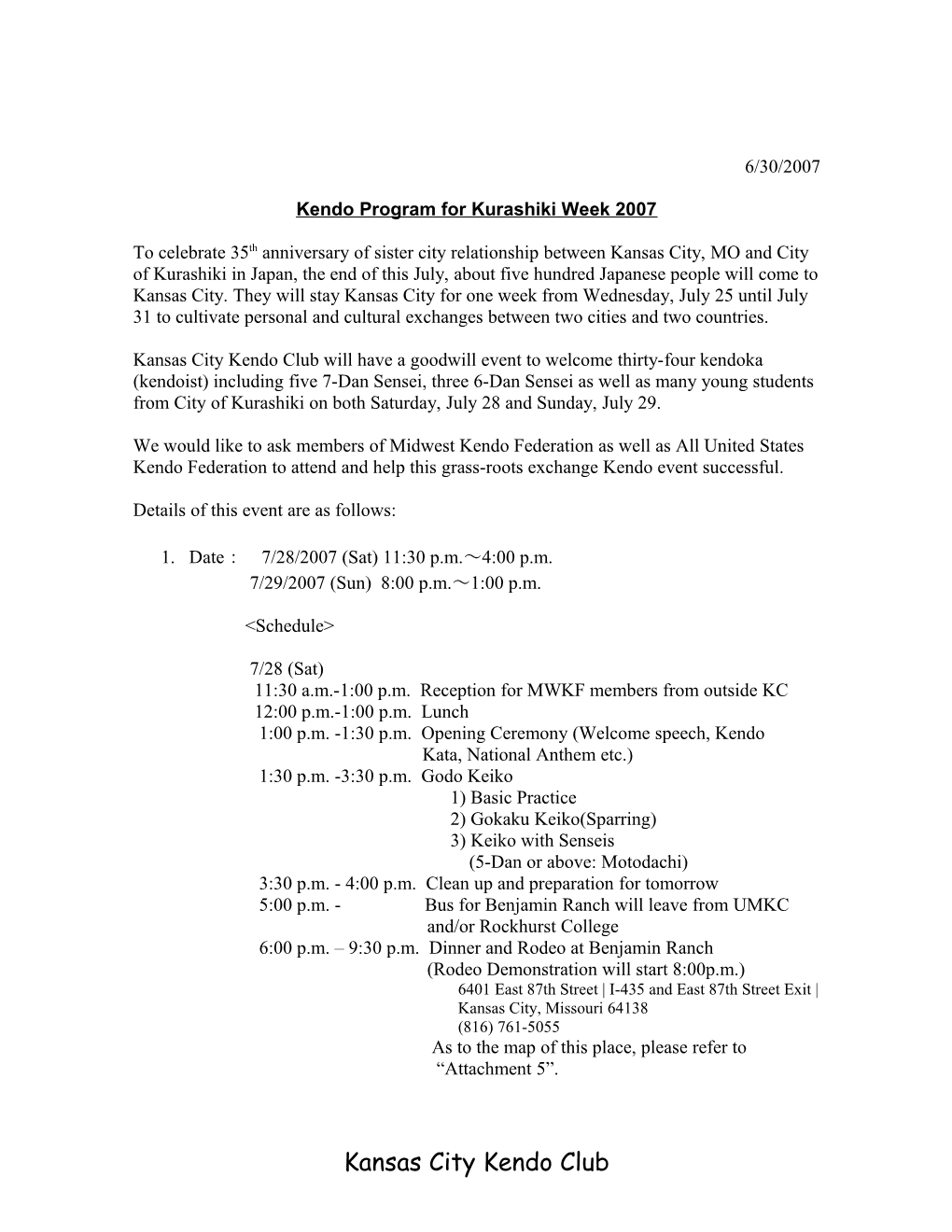Kendo Program for Kurashiki Week 2007