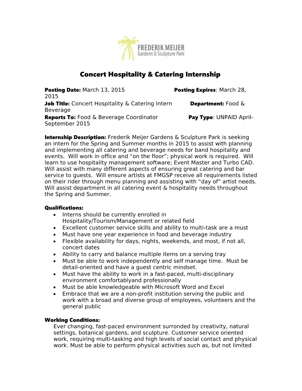 Concert Hospitality & Catering Internship