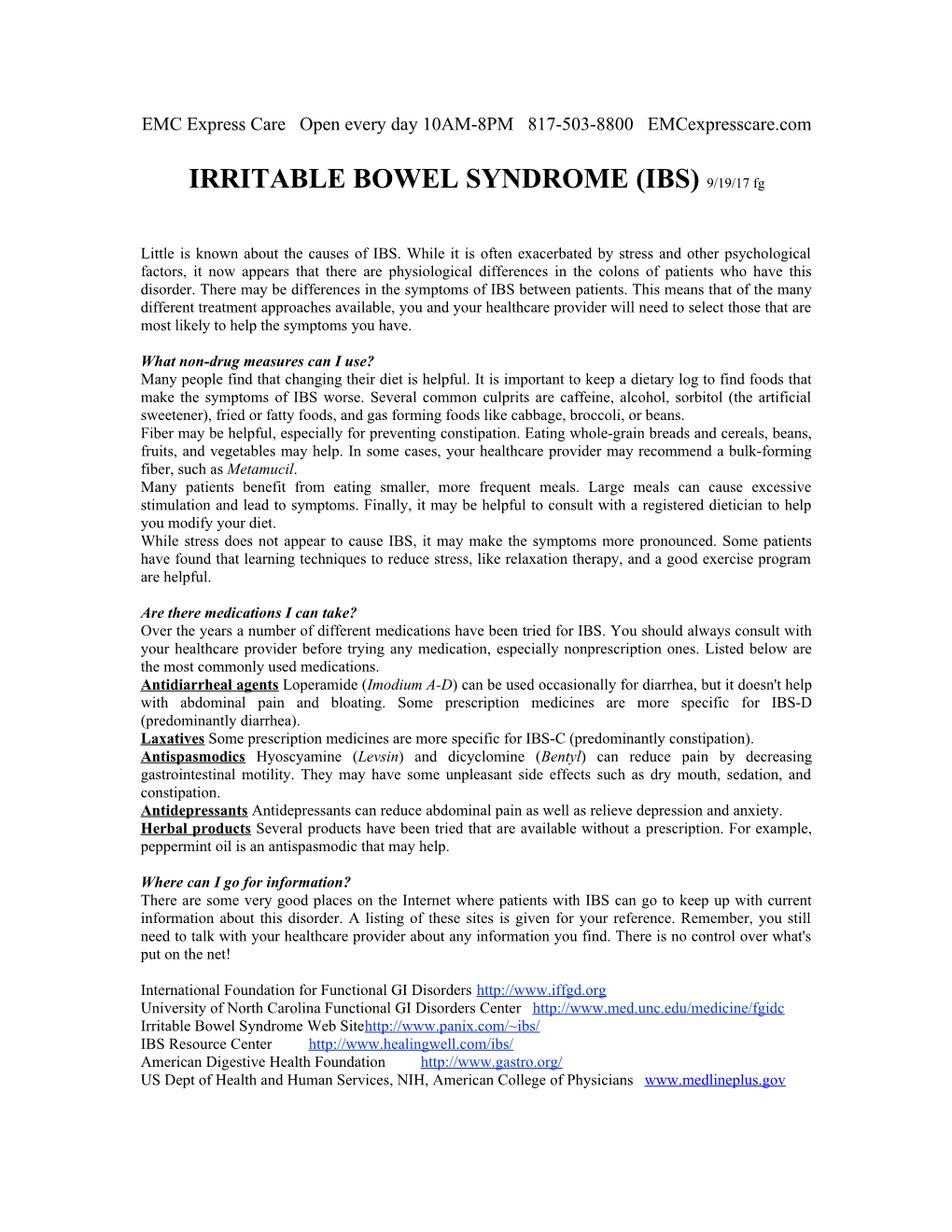 Information for Patients with Irritable Bowel Syndrome (IBS)
