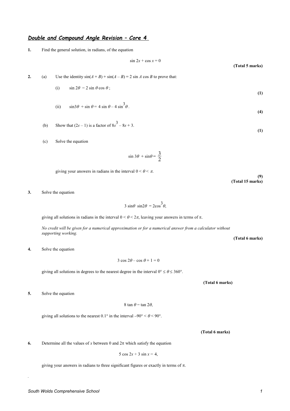 Double and Compound Angle Revision Core 4