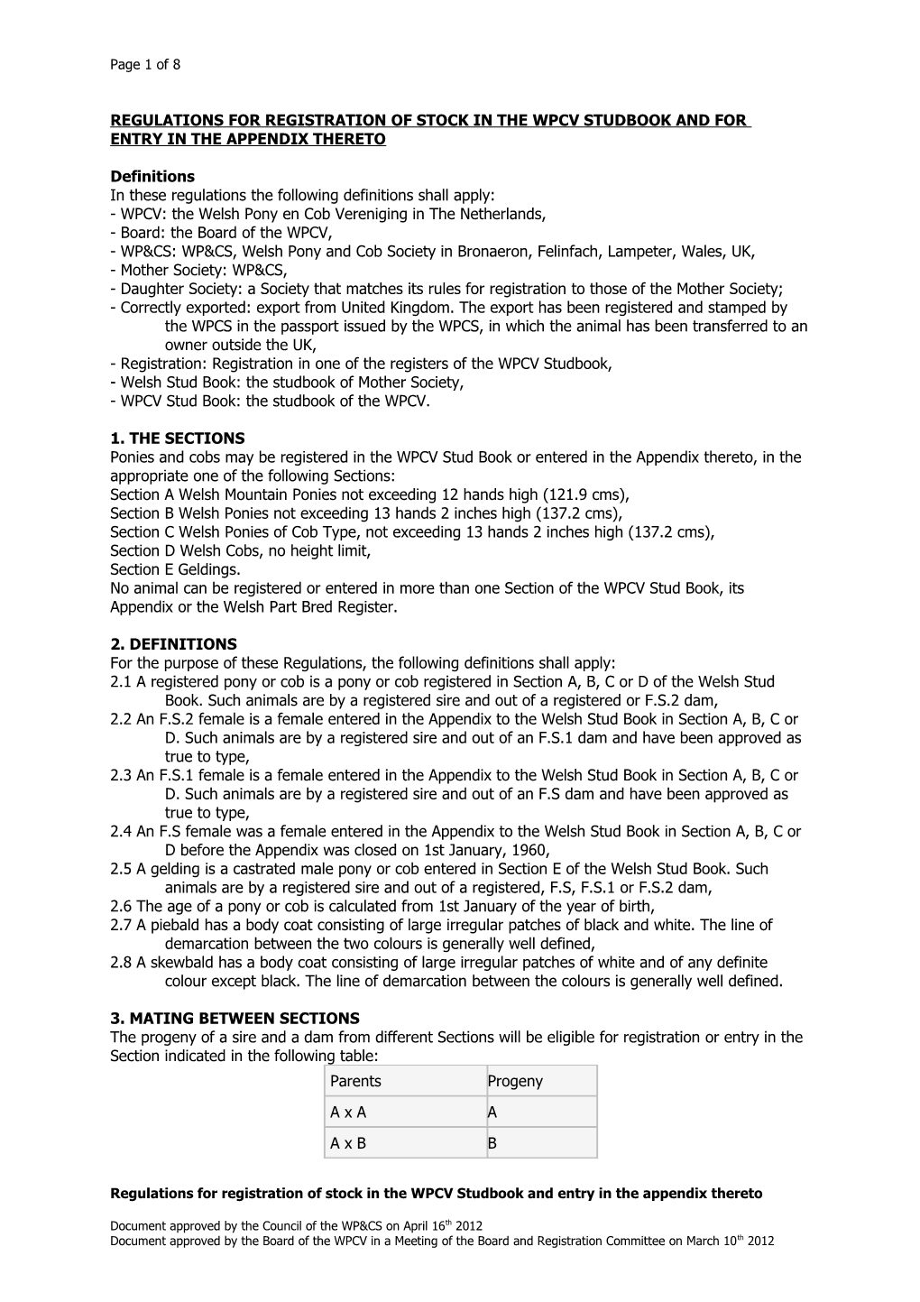 Rules for Registration of Stock in the Wpcv Studbook