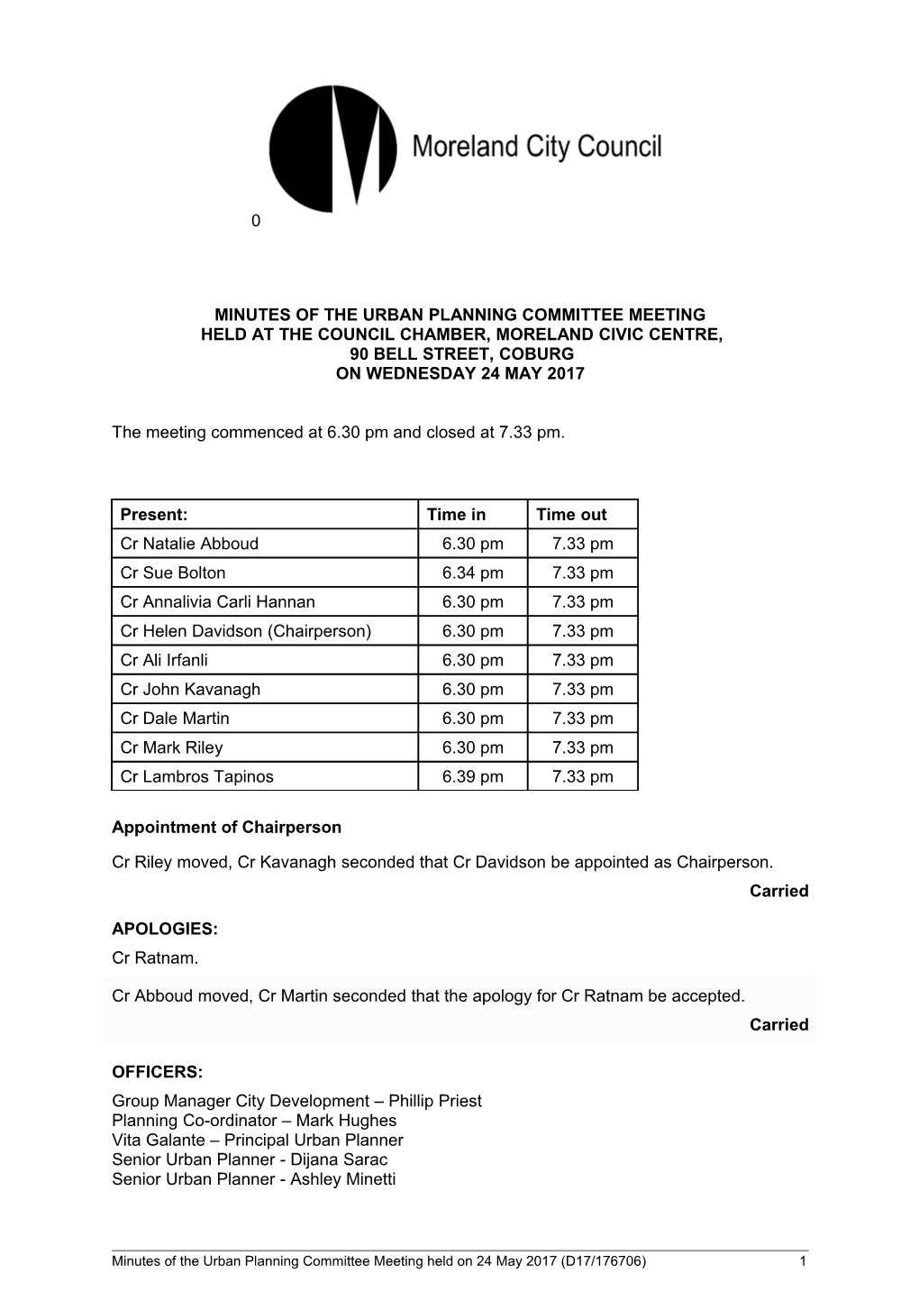 Minutes of Urban Planning Committee Meeting - 24 May 2017