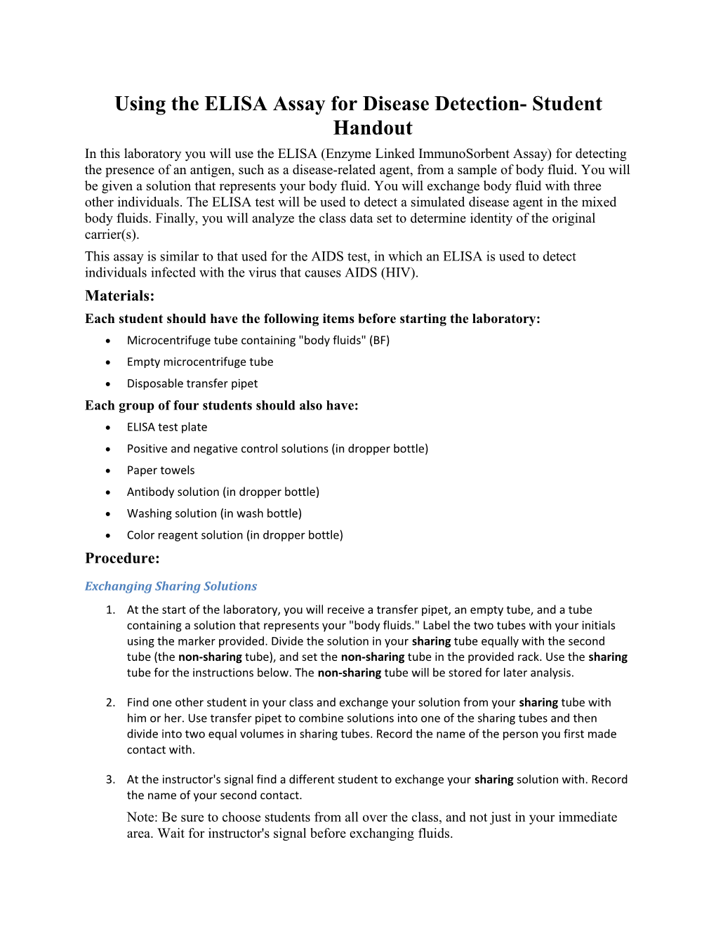 Using the ELISA Assay for Disease Detection- Student Handout