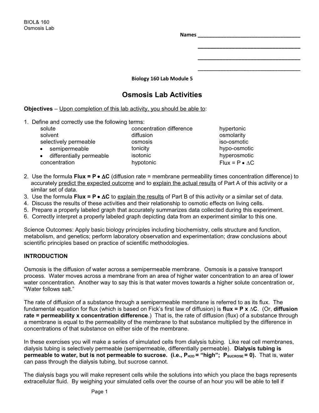 Lab Activity: Cells, Diffusion, Osmosis and Biological Membranes