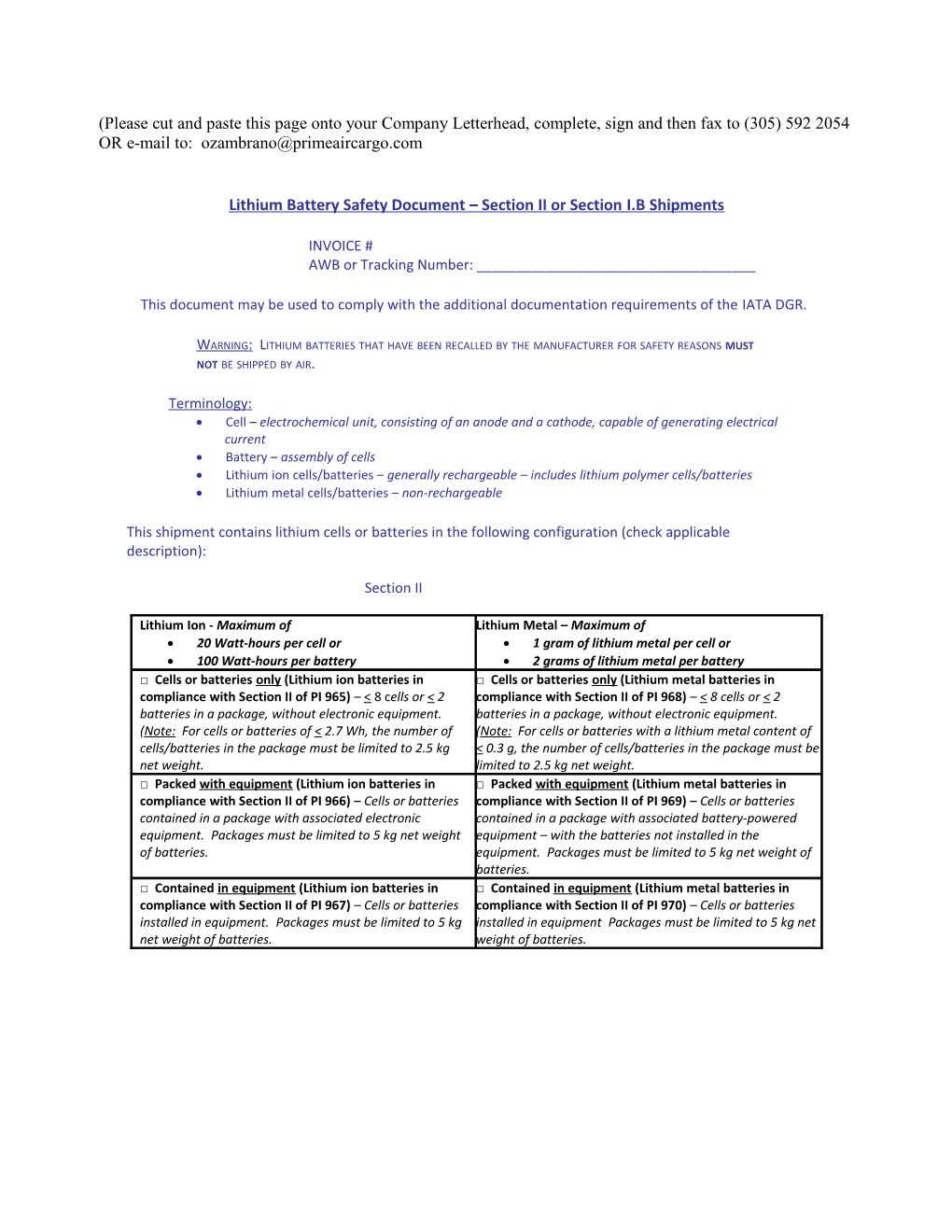 Lithium Battery Safety Document Section II Or Section I