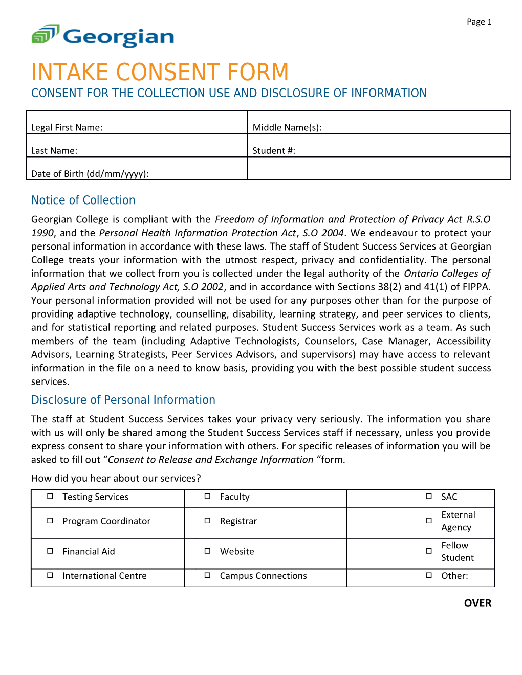Consent for the Collection Use and Disclosure of Information