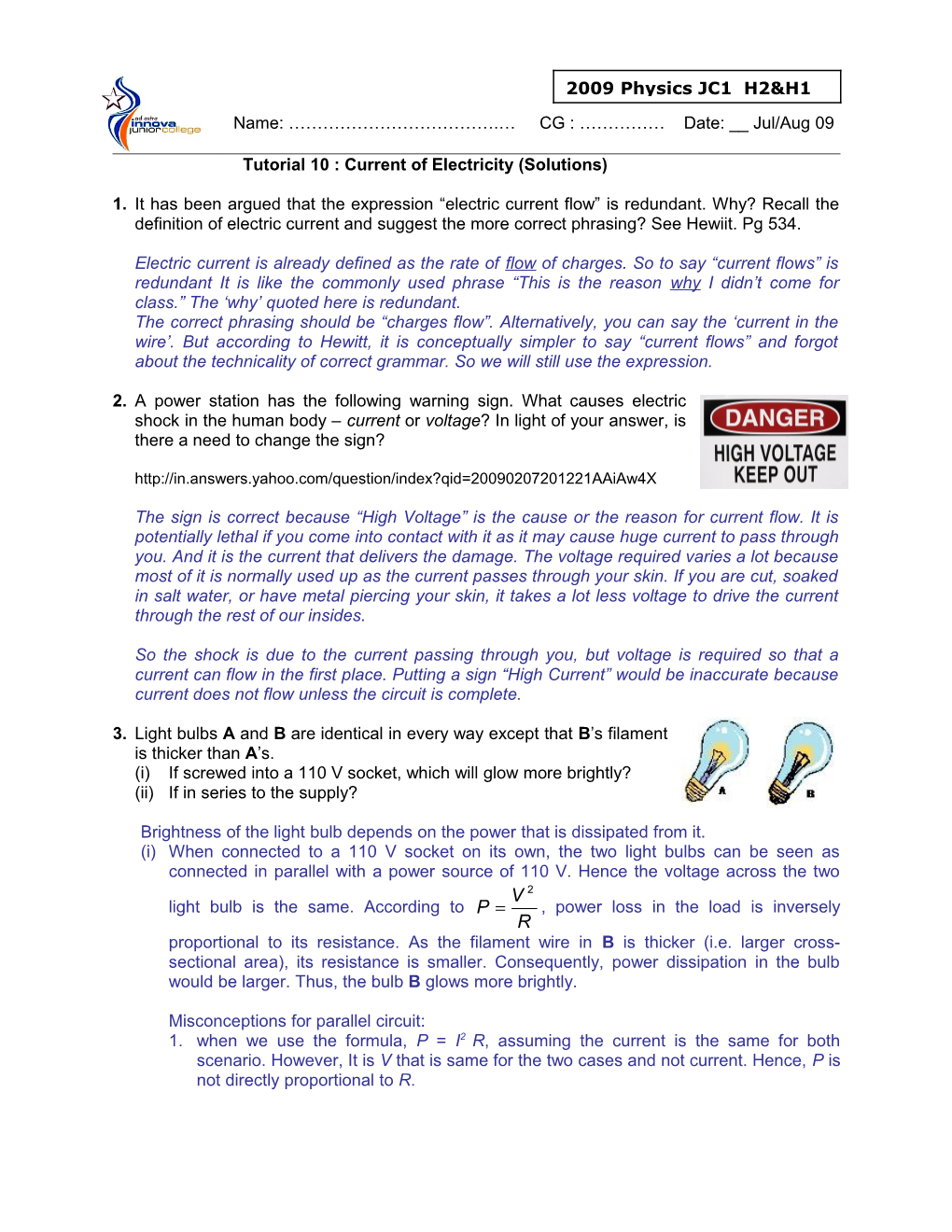 Tutorial 10 : Current of Electricity (Solutions)
