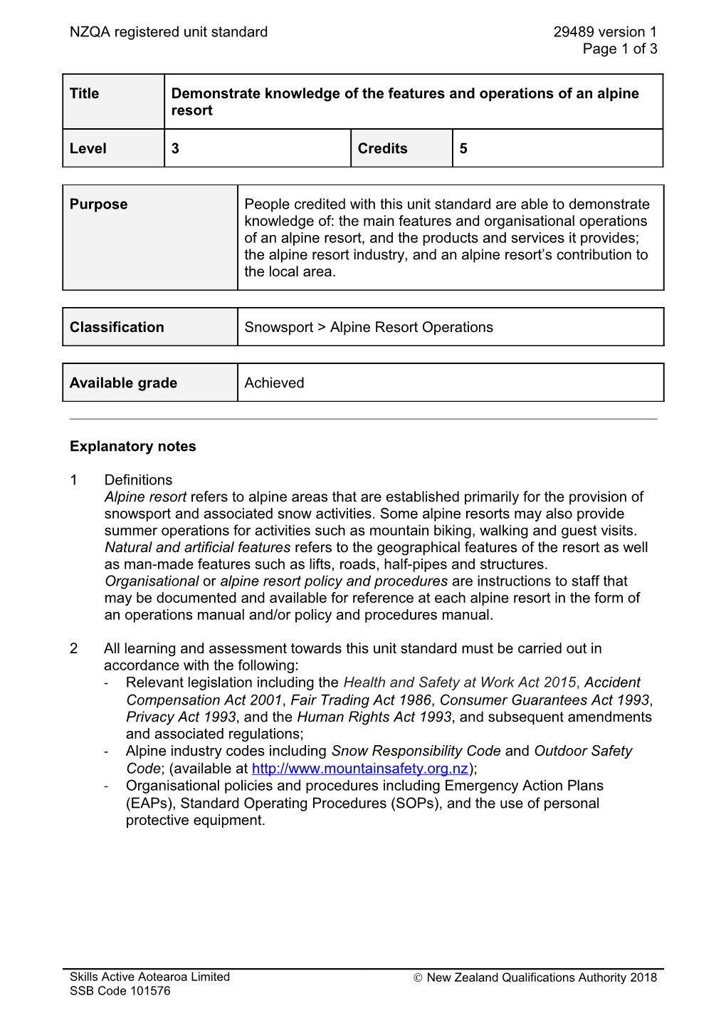 29489 Demonstrate Knowledge of the Features and Operations of an Alpine Resort