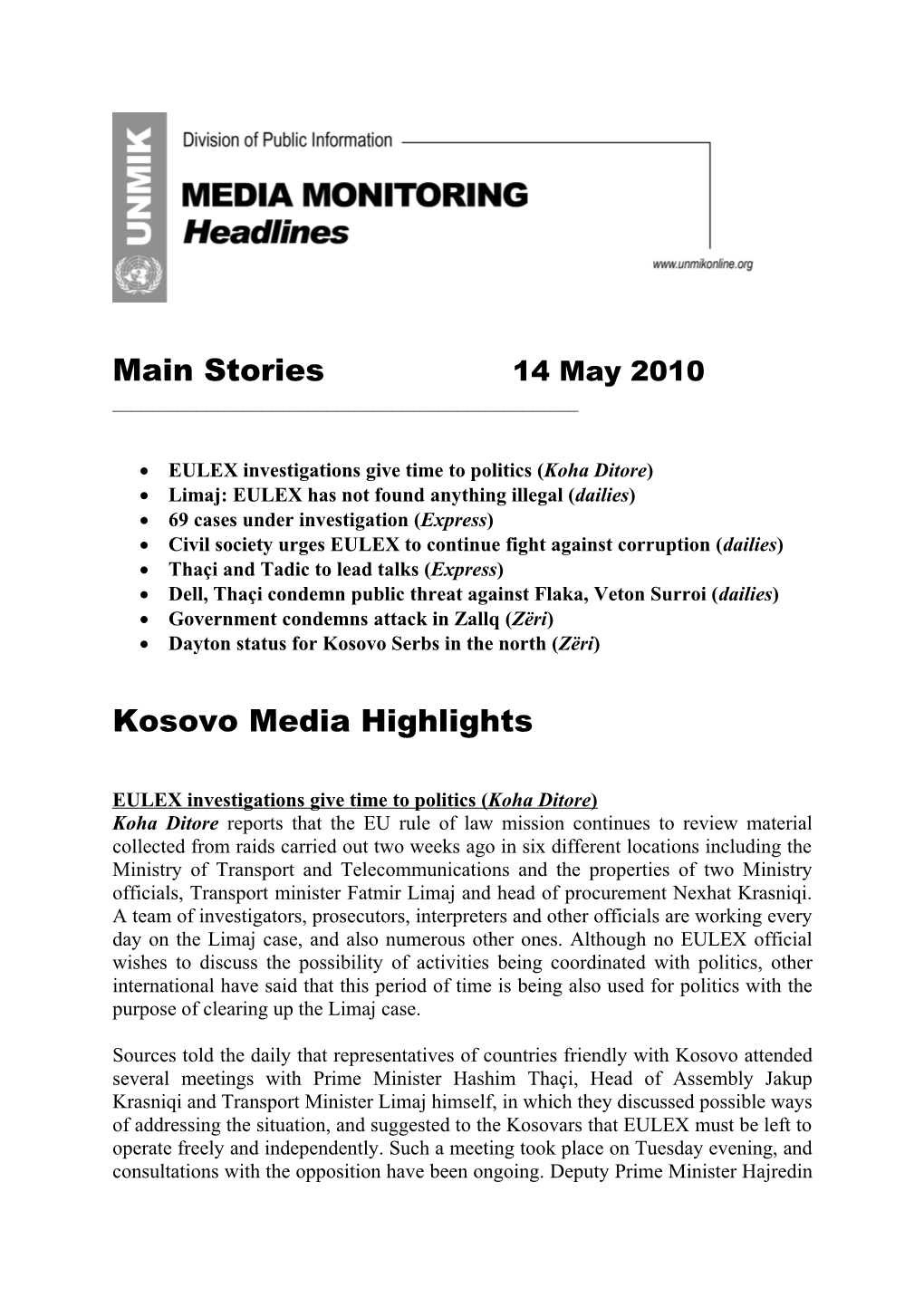 Main Stories 14 May2010
