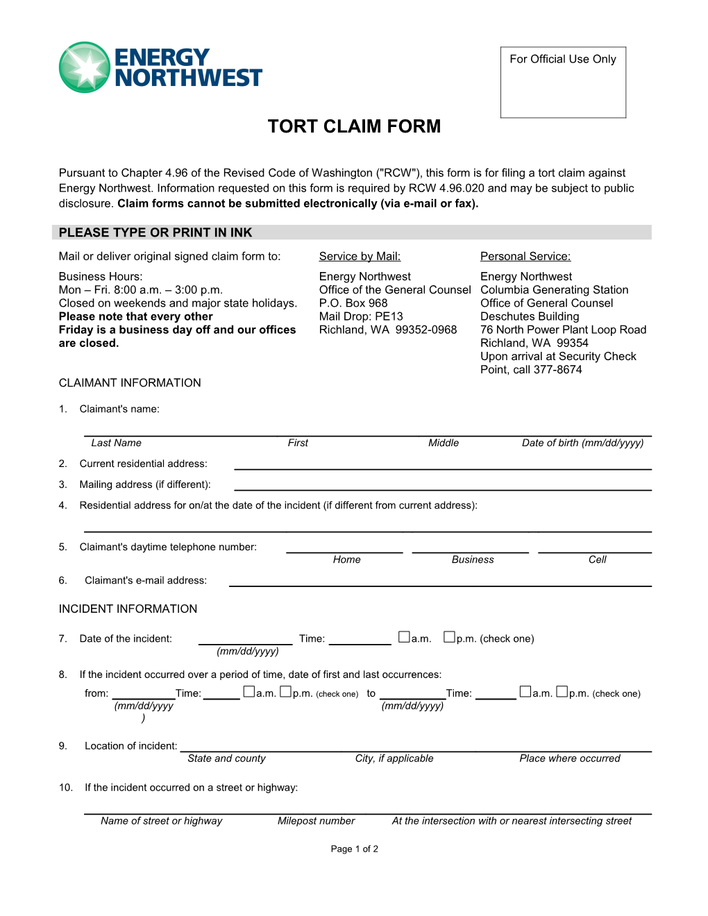 Instructions for Completing a Tort Claim Form