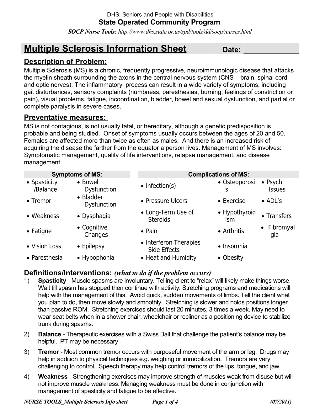 Multiple Sclerosis Info Sheet